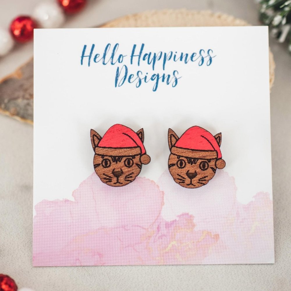 Stud Earrings Cat with Santa Hat